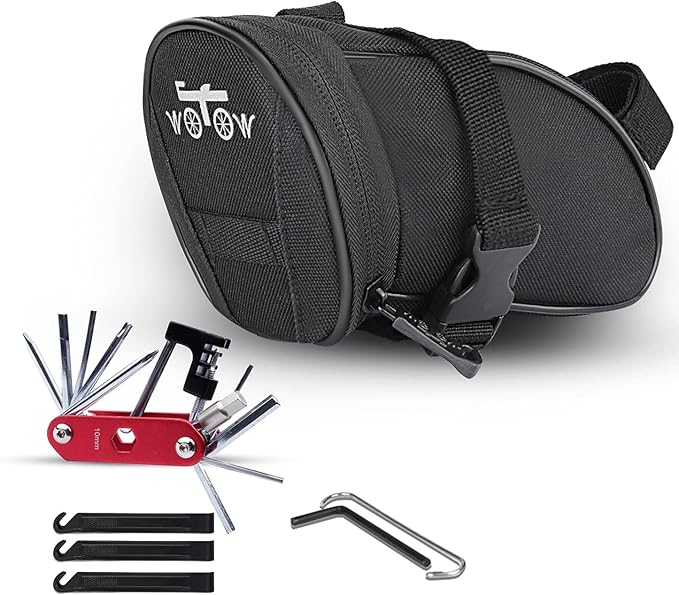 WOTOW Bike Repair Tool Kit & Bike Saddle Bag, 14 in 1 Bike Chain Tool Hex Key Wrench Maintain Accessories Multitool Set with Portable Under Seat Bag for Road Mountain Commuter Bicycle