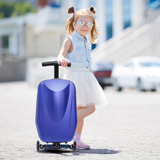 20" Kids Scooter Suitcase Ride-On Carry-On - 2-in-1 Lightweight Hardshell Luggage for Airplane Travel, Foldable Rolling Suitcase for Boys & Girls Ages 4-12