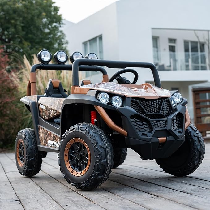 24V 2-Seater Kids Ride-On UTV, 4WD Electric Car with Parent Remote Control, 4x200W Motor, LED Headlights & Searchlights, Bluetooth Music, Spring Suspension, 3-Speed Off-Road Toy Gift, Copper