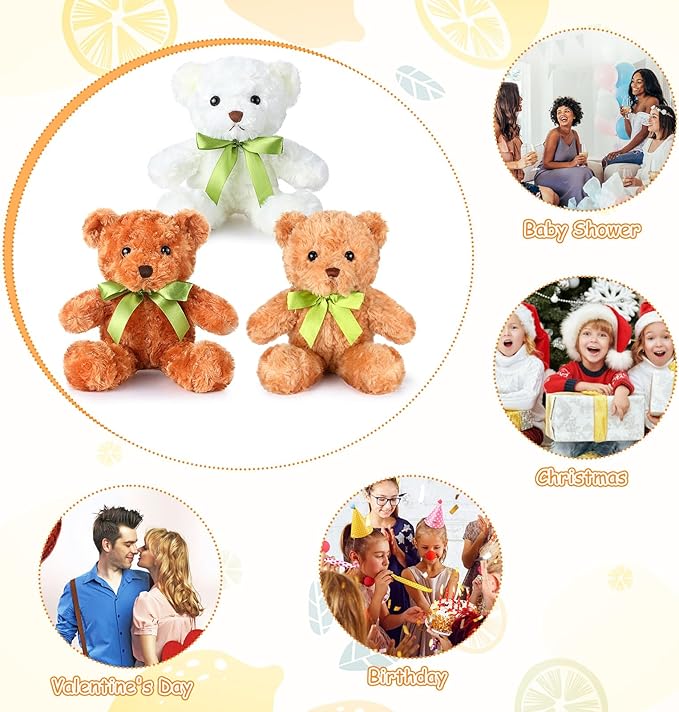 Hungdao 24 Pcs Bear Bulk Plush Stuffed Animals 10 Inch Cute Soft Stuffed Bear with Green Bow for Baby Shower Birthday Party Gift (Dark Brown, Light Brown, White)