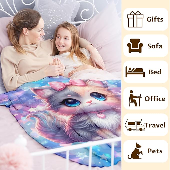Kids Blankets Cute Cat Blanket for Girls 6-8 Gift for Daughter Granddaughter, Cozy Soft 50 x 40 Inches Lightweight Flannel Throws for Chair Travel Sofa Living Room