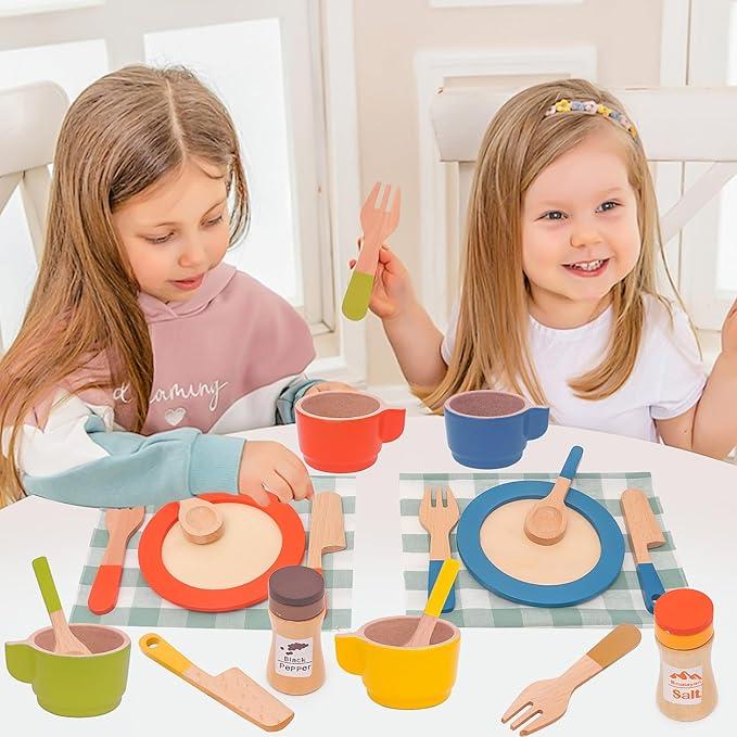 30 PCS Wooden Play Dishes and Plates for Kids, Montessori Wooden Kitchen Accessories Tableware Set Toys for Toddler Gifts, Pretend Play Food Sets for Children Birthday 3 4 5 6 Boys Girls