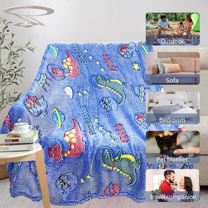 Personalized Dinosaur Blanket for Boys - Glow in The Dark, Soft Fleece Throw for Kids, Toddlers - Birthday Gift, 30"x 40"
