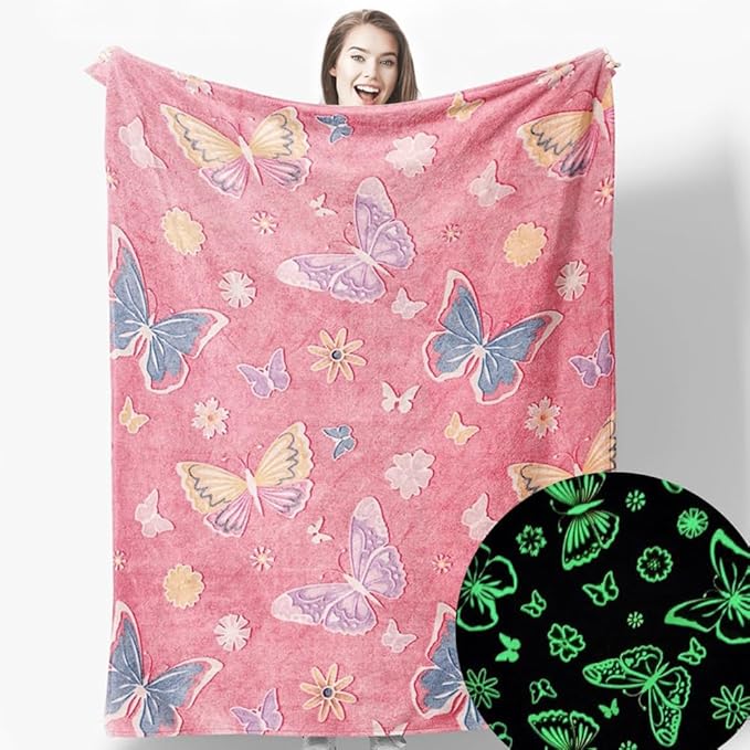 Wajade Glow in The Dark Butterfly Blanket for Girls, Soft Cozy Flannel Kids Throw Blanket for Boys and Girls, Cute Kids Blanket for Sofa Couch Bed, Christmas Birthday Gift 50"x60"