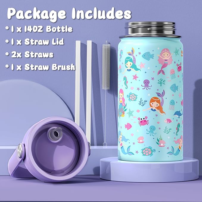 14oz Kids Insulated Water Bottle with Straw Lid - 18/8 Stainless Steel Kid Cup Travel Tumbler Double Wall Vacuum Leak Proof Portable Toddler Water Bottle (Mermaid)