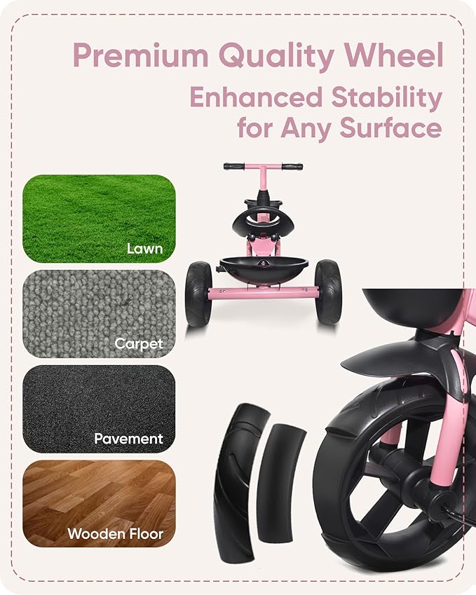 KRIDDO Kids Tricycles Age 24 Month to 4 Years, Toddler Kids Trike for 2.5 to 5 Year Old, Gift Toddler Tricycles for 2-4 Year Olds, Trikes for Toddlers, Sporty Styling, Pink