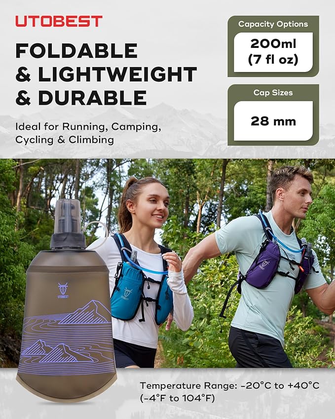 UTOBEST 200ml Soft Flask, 2 Pack Flexible TPU Hydration Water Bottle, Collapsible with 28mm Caliber for Running, Hiking, Cycling, Climbing, and Marathon Purple