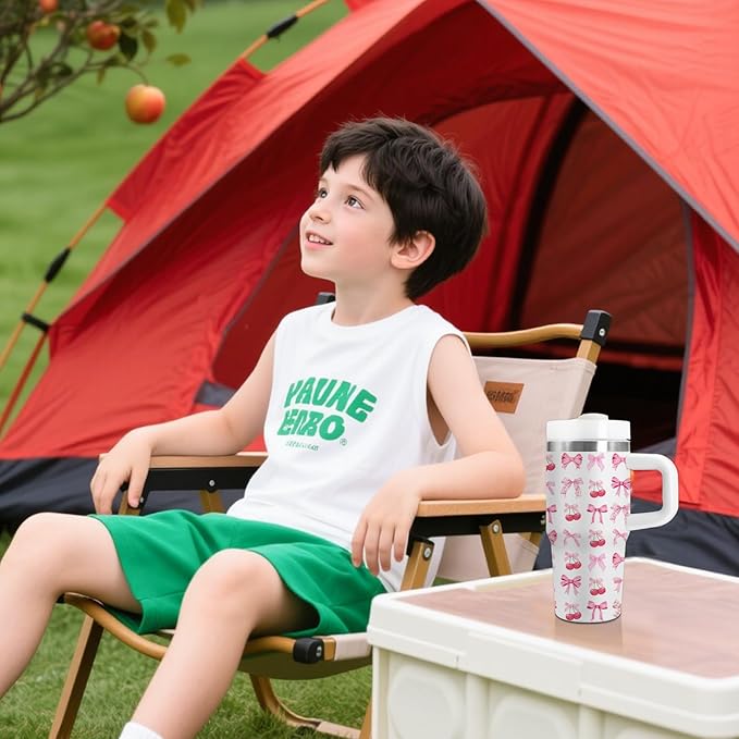 Bow Gifts for Girls - 14oz Pink Kids Bowknot Themed Tumbler with Handle and Straw, Stainless Steel Insulated Water Cup, for Sport, School, Travel - Cute Pink Bow Themed Children Birthday Gift Cup(1pc)