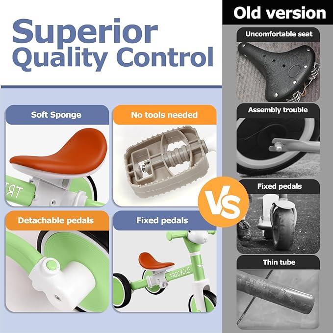 Tricycle for Toddlers 1-5 Year Olds, Toddler Balance Bike for Boys Girls 2-4, Toddler Tricycle with Light & Music Front, Kids Bicycle with Removable Pedal, Birthday Gifts for 1 2 3 4 5 Year (Green)