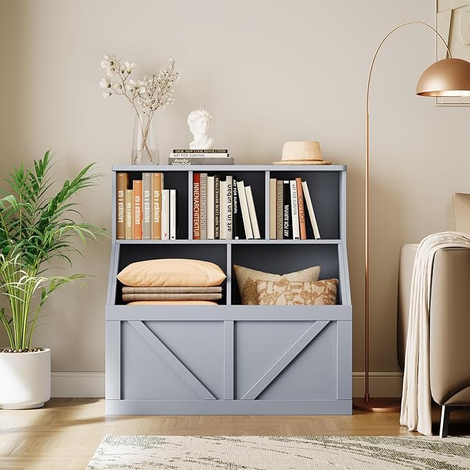 Kids Bookshelf and Toy Storage, Toy Storage Organizer, Toy Organizer with Storage Cabinet and Toy Shelf, Toddler Book Shelf for Kids Rooms, Playroom, Bedroom, Nursery, Daycare, Living Room, Grey