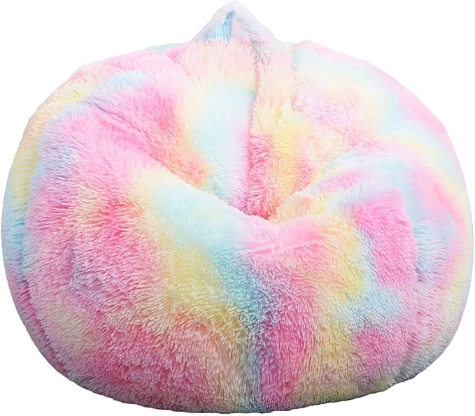 Fluffy Bean Bag Chair for Kids, 2.5FT Round Memory Foam Filled Bean Bag for Teens & Kids, Ultra Soft Faux Fur Fabric Bean Bag Chairs for Playroom, Living Room, Bedroom, Rainbow