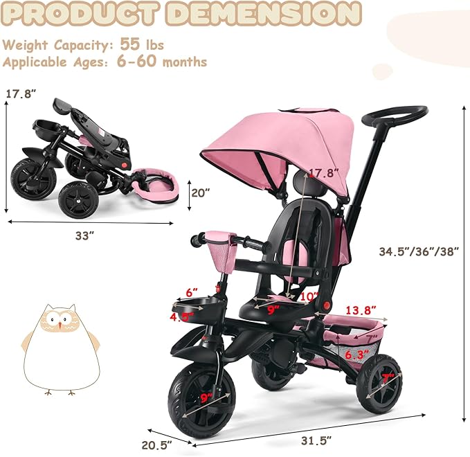 Folding Kids' Tricycle, 8 IN1 Baby Trike W/Removable Canopy &Parental Push Rod, Toddler Bike Stroller for Kids 1-5 Years, 360° Swivel Seat, EVA Wheels,Storage Basket, Pink
