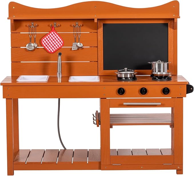 Kitchen Playset for Kids, Outdoor Wooden Mud Kitchen Set w/2 Removable Sinks & Spray Pipe, Backyard Garden Toddler Pretend Play Kitchen w/Blackboard, Kitchenware, Stove, Gift for Boys Girls