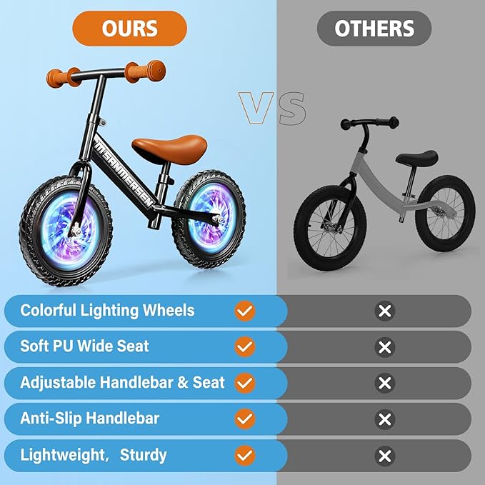 Colorful Lighting 12 Inch No Pedal Balance Bicycle Bike for Kids,Age 24 Months to 5 Years Old Lightweight Steady Balancing Bike with Adjustable Handlebar&Seat,Birthday Gift for 2 3 4 5 Year Old