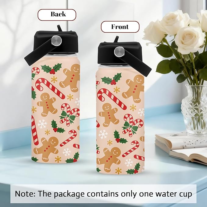 Christmas 16 oz Water Bottle with Straw Lid, Stainless Steel Insulated Tumbler, Gingerbread Water Bottles, Gingerbread Cup Gifts for Christmas Birthday (1pcs)