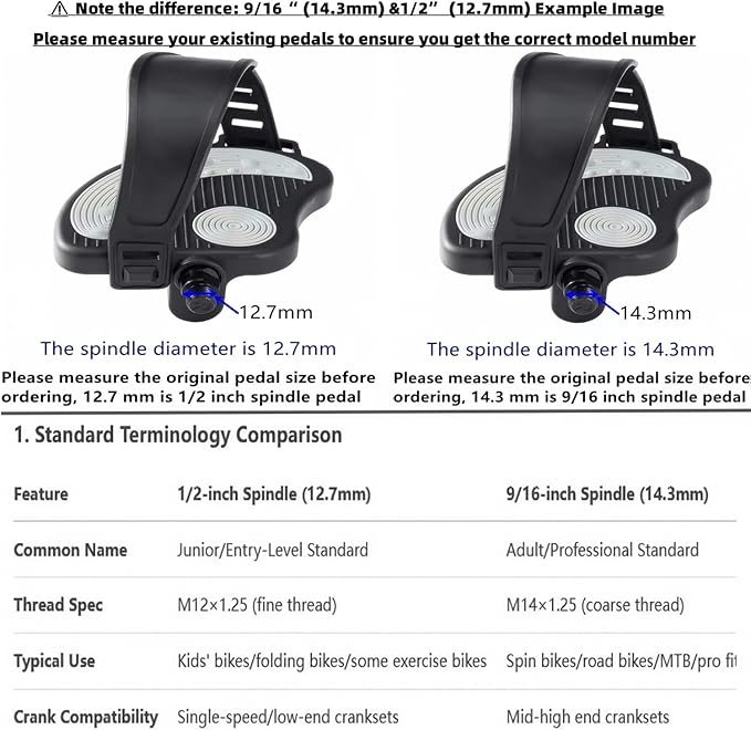 YBEKI Pro-Grade Exercise Bike Pedals with Adjustable Straps - 9/16" & 1/2" Spindle for Indoor Peloton/Schwinn/Spin Bikes | Heavy-Duty PP Plastic & PVC Straps + 500lb Capacity