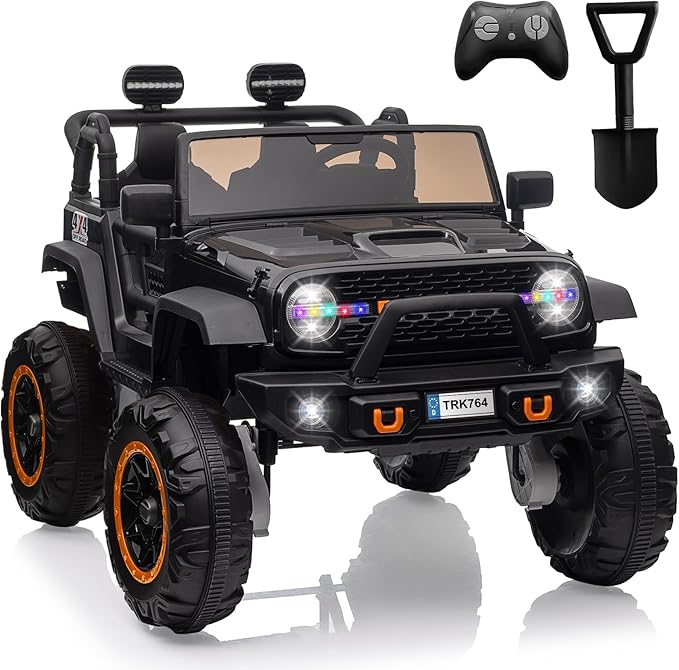 2 Seats 24V Kids Ride on Truck with Remote Control, Battery Powered Electric Ride Car Toy for 3-8 Years, 4 Motors,20" Seat Width for 2 Seaters, LED Light,Music,High/Low Speeds,Shovel, USB (Black)