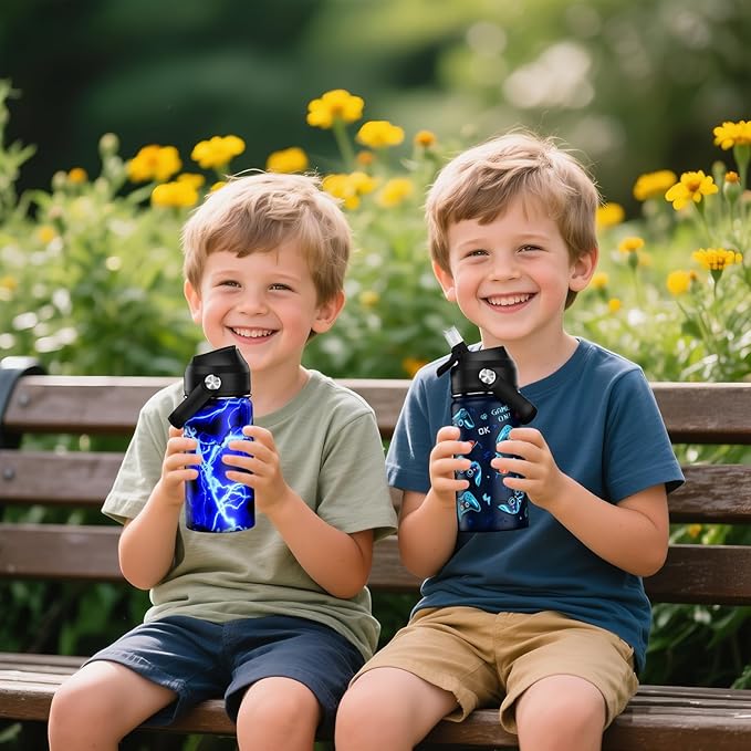 14oz Kids Insulated Water Bottle with Straw Lid - 18/8 Stainless Steel Kid Cup Travel Tumbler Double Wall Vacuum Leak Proof Portable Toddler Water Bottle (Lightning+Game)
