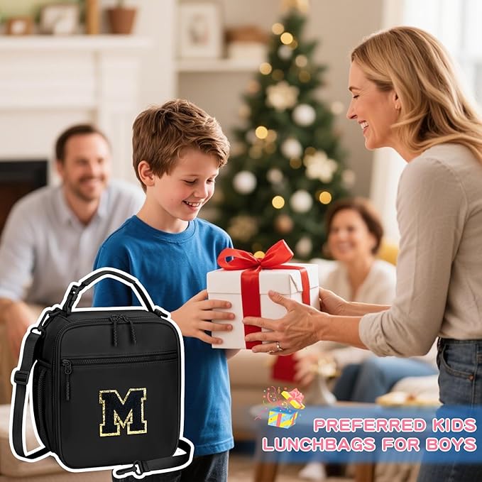 Initial Insulated Lunch Bag for Boys Kids, Back to School Gift, Reusable Leak-proof Lunch Box with Adjustable Strap for School Daycare Travel Picnic(Black,M)