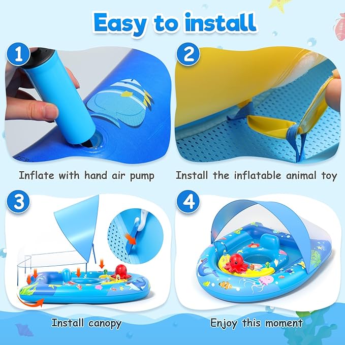 Sunrad Baby Pool Float with Canopy UPF50+ Sun Protection, Inflatable Baby Swim Float with Toy Play Console & Adjustable Safety Seat, Toddler Infant Pool Floaties for 6-36 Months