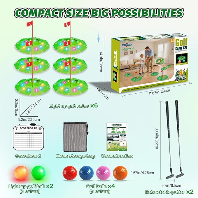 Light Up Golf Play Set - Upgraded Kids Toy Golf Putting Game Set with 6 LED Targets, 2 Clubs, 6 Balls (2 Glow), Night Golf Toys Gifts for Kids Golfers Family Indoor Outdoor Beach Lawn Park