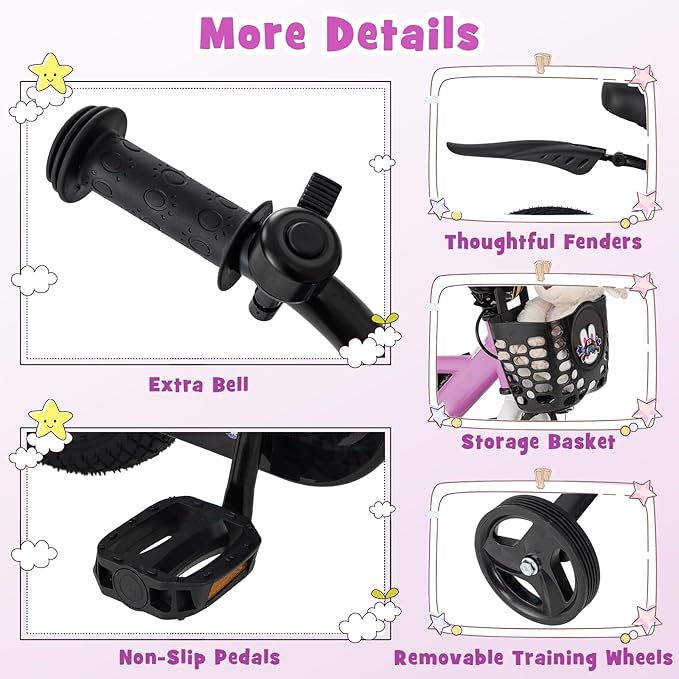 BABY JOY Rabbit Pilot Sporty Kids Bike, 12 14 16 18 Inch Child Bike for 3-8 Years Old with Adjustable Height, Training Wheels, Storage Basket, Handbrake & Coaster Brake, Kids Bicycle for Girls Boys