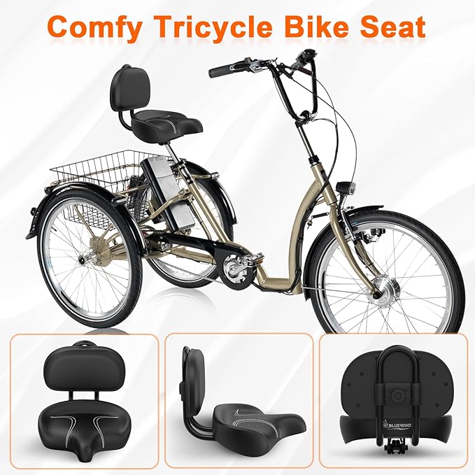 BLUEWIND Oversized Bike Seat, Wide Bicycle Saddle Novel Backrest Design for Electric Bike, Universal Fit Exercise Bike or Road Stationary Bike Seat Cushion for Men & Women