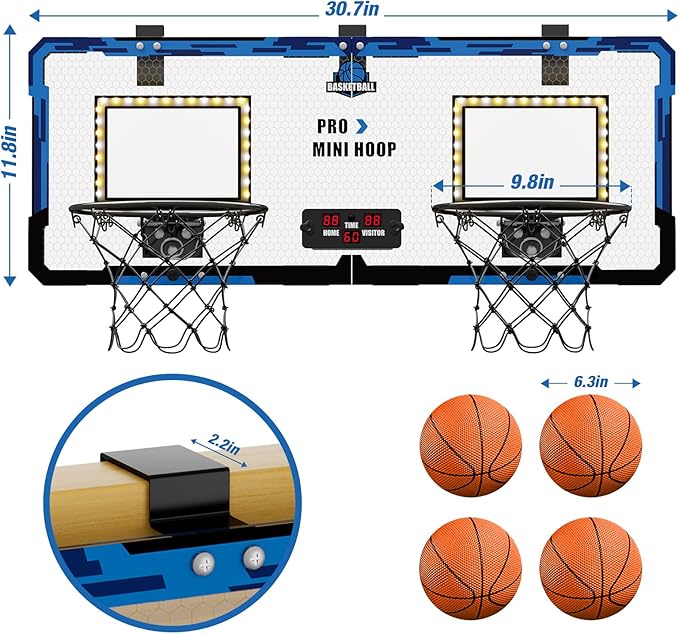 2 Player Basketball Game, Dual Shot Over The Door Mini Basketball Hoop Indoor with Scoreboard & LED, Basketball Toy Gifts for Kids Boys Girls Adults, Suit for Bedroom/Office/Outdoor/Pool, Blue