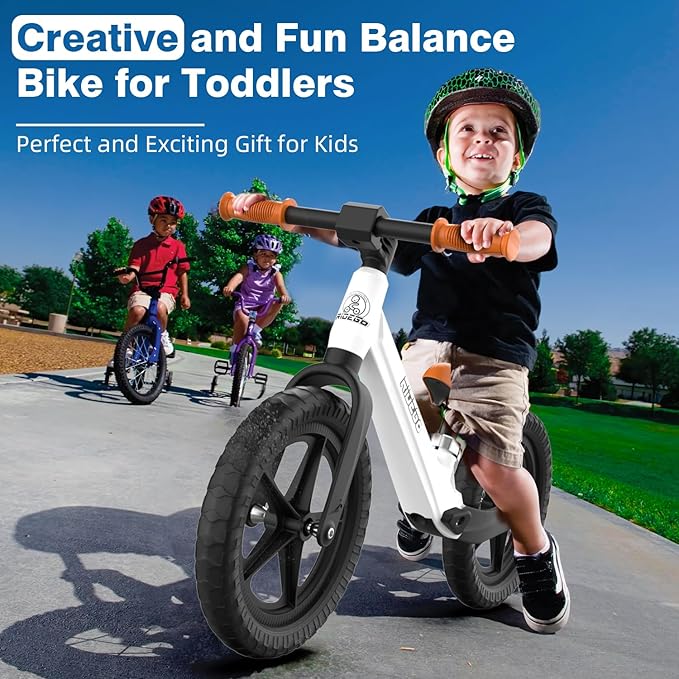 Ridego 12 Inch Balance Bike for Kids 2-4 Year Old, Lightweight Kids Bike with Adjustable Seat, Push Bicycle with Air Rubber Tires, Ride-on Toys Birthday Gift