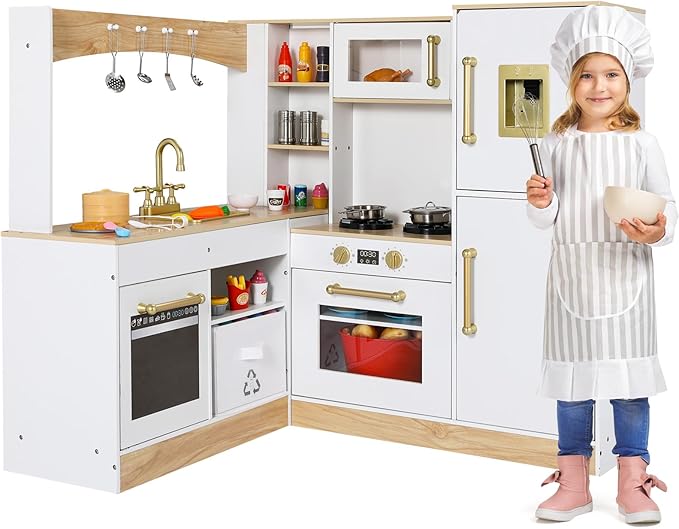 Arlopu Corner Wooden Play Kitchen with Lights & Sounds, Ultimate Pretend Cooking Toy Playset w/Utensils, Oven, Microwave, Stove, Water Dispenser (White)