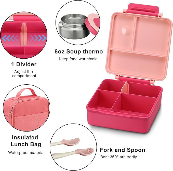 Itslife Bento Lunch Box for Kids with 8oz Soup Thermo&Lunch Bag, Leak-Proof Lunch Food Containers with 4 Compartment, Hot Food Insulated Food Jar for Kids School (Pink)