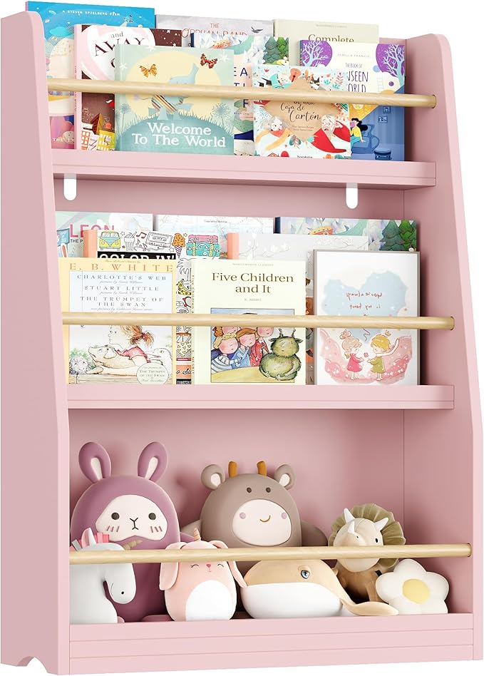 Kids Bookshelf, 3-Tier Montessori Book Shelf Organizer for Books and Toys, Toddler Bookshelf for Bedroom, Living Room, Playroom, Classroom, Nursery - Pink