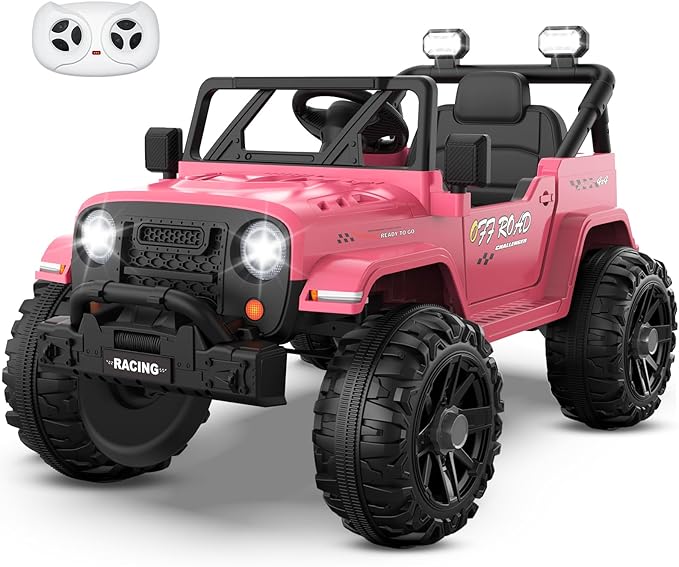 12V Ride On Truck Car with Remote Control, Kids Electric Vehicles with Bluetooth Music, Horn, 3 Speeds, 4 LED Lights, Soft Start, Ride on Toys for Toddler Boys & Girls (Pink)