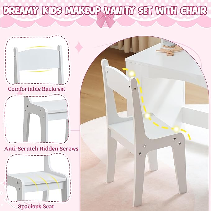 Kids Vanity Set with Lights, 2 in 1 Princess Makeup Vanity Desk with Jewelry Storage, Open Bookshelf, Storage Cabinet & Shelves for Little Girls (White)