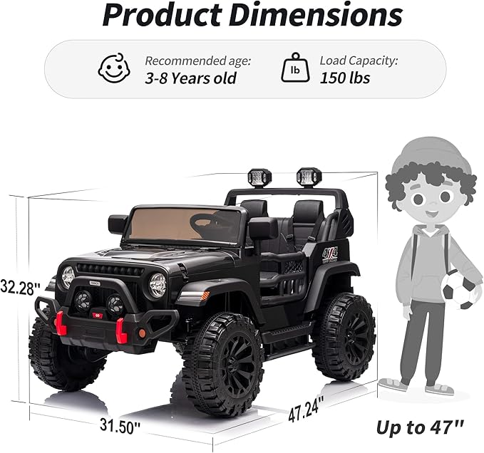 2 Seater Ride on Toy Car for Kids, 24V 4WD Ride-on Truck Kids Electric Car with Remote Control, 4x200W Motors - Black