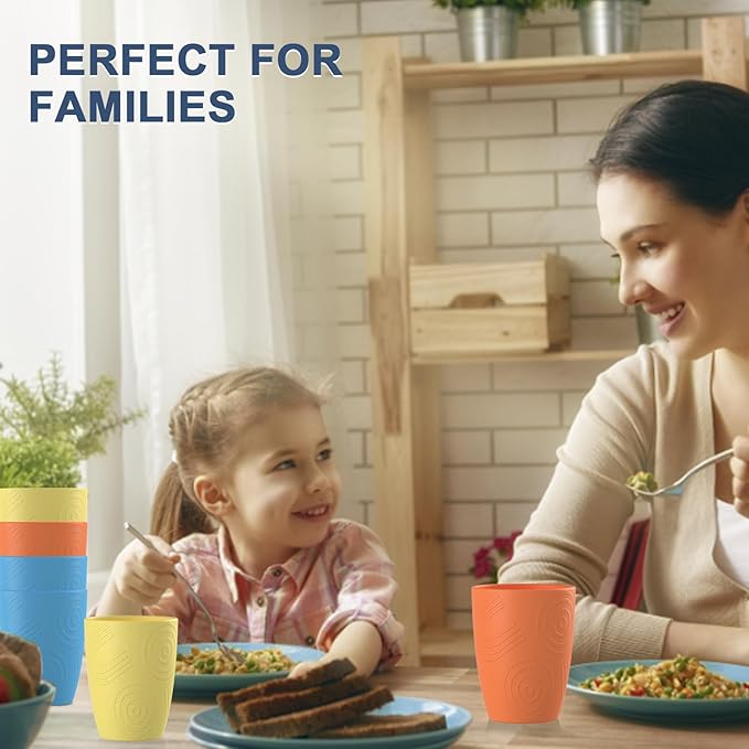 unbreakable wheat straw cups 12oz set of 6 with textured pattern anti slipping,alternative plastic drinkings cups suitable for hot and cold beverage,Yellow-Orange-Blue