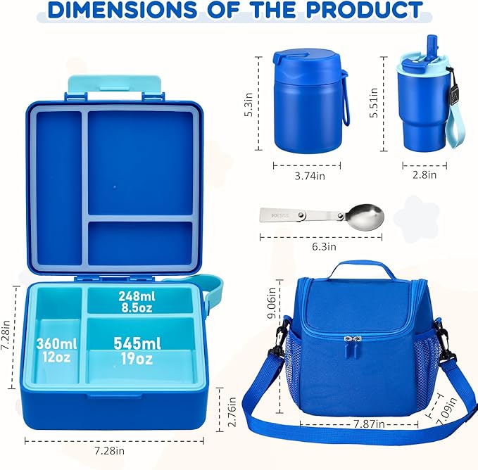 Lunch Box Set with Bento Box Container, 17OZ Stainless Steel Food Soup Thermo, Kids Water Bottle & Portable Insulated Lunch Bag – Leakproof, Hot/Cold Retention for School, Travel(Blue)