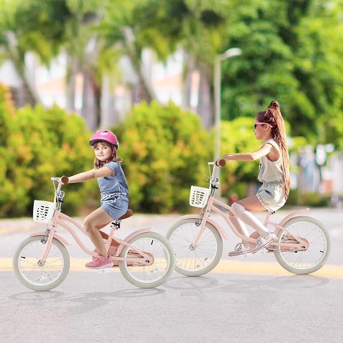 COSTWAY Kids Bike, 12 14 16 18 Inch Toddler Bike Children Bicycle w/Training Wheels, Hand & Coaster Brakes, Adjustable Saddle & Handlebar, Basket, Bell, Kids Bicycle for Girls Boys Aged 3-8 Years Old