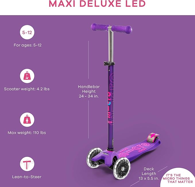 Micro Kickboard - Maxi Deluxe LED - Three Wheeled, Lean-to-Steer Swiss-Designed Micro Scooter for Kids with Motion-Activated Light-Up Wheels for Ages 5-12 …