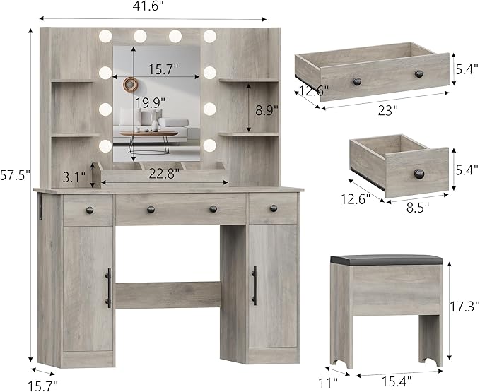 Makeup Vanity Desk with Mirror and Lights, 43" Grey Vanity Set with Chair, 3 Drawers, Power Outlet & Adjustable RGB LED Lights, Dressing Table with Storage Shelf for Women & Girls Bedroom