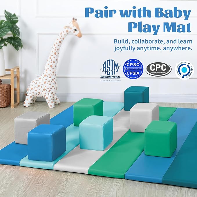 Foam Building Blocks for Toddlers:12-Pieces Wipeable Leather Stacking Cubes Kids - Large Soft Toys Play Set for Learning Construction Baby Preschool Daycare Therapy Birthday Gift (Modern)