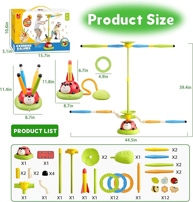Powza 5 in 1 Musical Jump Toys, Toss Ring Game Stomping Launch Rocket Launcher for Kids, Obstacle Avoidance & Jump Squating Toy Games Remote Control Outdoor & Indoor Toys for Ages 4-8 8-13