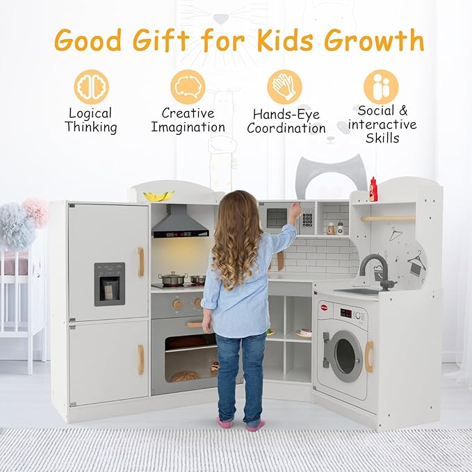 GLACER Corner Kids Kitchen Playset, Wooden Play Kitchen with Washing Machine, Ice Maker, Microwave, Oven, Sink & Facet, Pretend Toy Kitchen Set with Sounds & Lights for Toddler