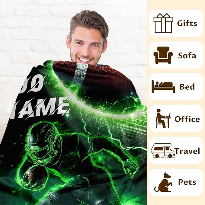 Personalized Kids Blanket with Name, Football Blanket, 60 x 50 Inches Warm Soft Throw Blanket for Kids, Football Accessories, Cozy Flannel Throw Blanket for Bed Sofa Room Decor, Living Room, Club