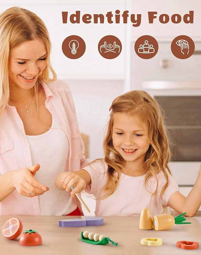 ROBUD Wooden Toy Food Set, Cutting Play Food for Kids Kitchen Accessories Pretend Toy Food Playset with Storage Bag, Toys Gifts for Girls Boys Age 3+, Vegetable Set