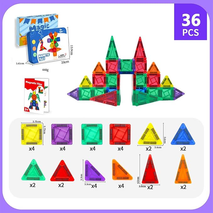 Mini Magnetic Tiles, Travel Toddler Toys Set, 36PCS Magnetic Building Blocks, Portable STEM Kids Toys for 3-8 Years Old Boys Girls Birthday, Montessori Preschool Learning Sensory Toys