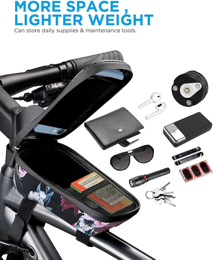 whale fall Hard Casing Floral Bike Bag, Never Deform/Waterproof, Bike Phone Mount with 0.25mm Sensitive TPU Touch-Screen, with Rain Cover for Phones under 6.9''