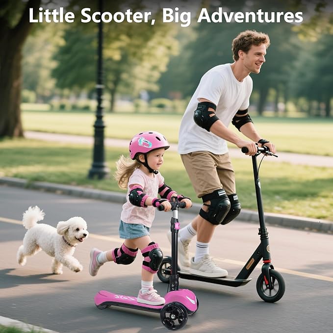 Balance Electric Scooter for Kids Ages 3-12, Full Body Lights Up, Stickers, Wide Deck, 3 Adjustable Heights, 5MPH Safe Speed, 90min Riding, Foldable 3 Wheel Electric Scooter for Kids Boys Girls, Pink