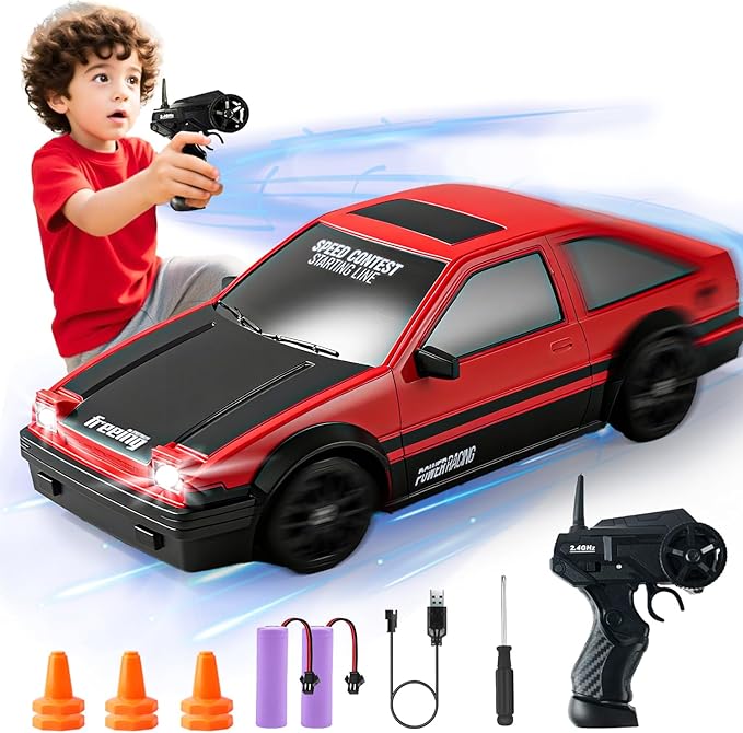 SANCO 1:24 RC Drift Car with LED Lights, 2.4GHz Remote Control Car, Includes 2 Batteries & 2 Sets of Tires for Racing & Drifting, Electric Hobby Racing Toy for Adults, Boys & Kids(Red)
