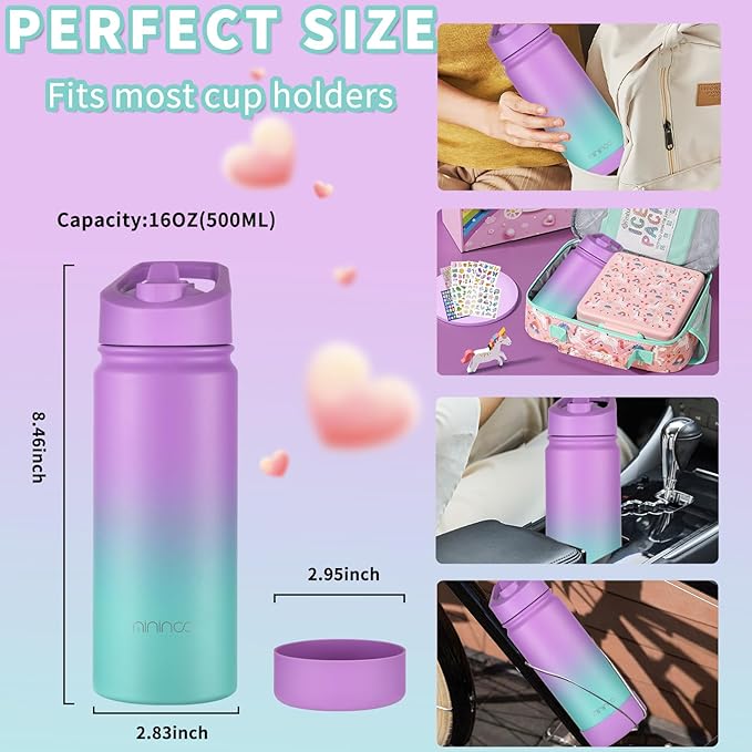 Mininoo Girls Water Bottle for School, 16oz Stainless Steel Insulated Metal Water Bottle with Straw Lid for Boys (2 Pack)